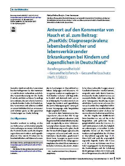 Vorschauseite 1: Antwort auf den Kommentar von Hauch et al. zum Beitrag: „PraeKids: Diagnoseprävalenz lebensbedrohlicher und lebensverkürzender Erkrankungen bei Kindern und Jugendlichen in Deutsch…
