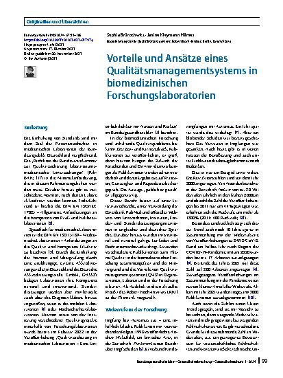 Vorschauseite 1: Vorteile und Ansätze eines Qualitätsmanagementsystems in biomedizinischen Forschungslaboratorien