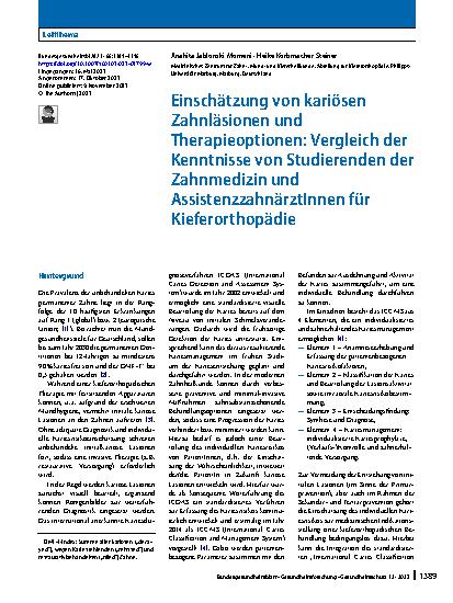 Vorschauseite 1: Einschätzung von kariösen Zahnläsionen und Therapieoptionen: Vergleich der Kenntnisse von Studierenden der Zahnmedizin und AssistenzzahnärztInnen für Kieferorthopädie