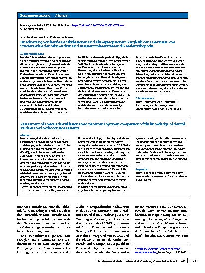 Vorschauseite 3: Einschätzung von kariösen Zahnläsionen und Therapieoptionen: Vergleich der Kenntnisse von Studierenden der Zahnmedizin und AssistenzzahnärztInnen für Kieferorthopädie