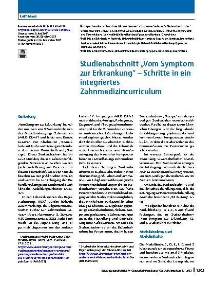 Vorschauseite 1: Studienabschnitt „Vom Symptom zur Erkrankung“ – Schritte in ein integriertes Zahnmedizincurriculum