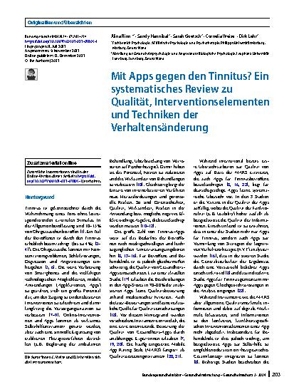Vorschauseite 1: Mit Apps gegen den Tinnitus? Ein systematisches Review zu Qualität, Interventionselementen und Techniken der Verhaltensänderung