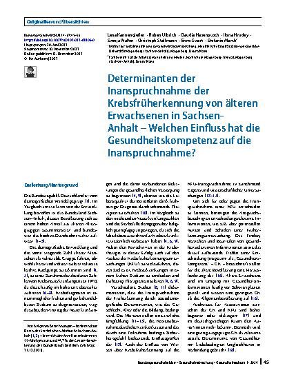 Vorschauseite 1: Determinanten der Inanspruchnahme der Krebsfrüherkennung von älteren Erwachsenen in Sachsen-Anhalt – Welchen Einfluss hat die Gesundheitskompetenz auf die Inanspruchnahme?