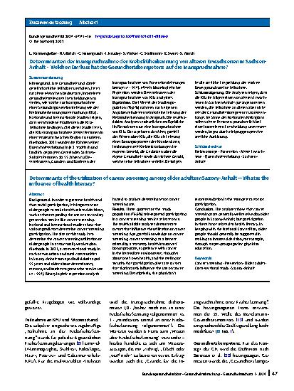 Vorschauseite 3: Determinanten der Inanspruchnahme der Krebsfrüherkennung von älteren Erwachsenen in Sachsen-Anhalt – Welchen Einfluss hat die Gesundheitskompetenz auf die Inanspruchnahme?