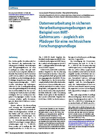 Vorschauseite 1: Datenverarbeitung in sicheren Verarbeitungsumgebungen am Beispiel von MRT-Gehirnscans – zugleich ein Plädoyer für eine rechtssichere Forschungsgrundlage