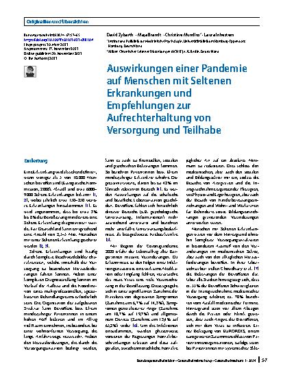 Vorschauseite 1: Auswirkungen einer Pandemie auf Menschen mit Seltenen Erkrankungen und Empfehlungen zur Aufrechterhaltung von Versorgung und Teilhabe