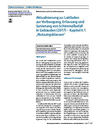 Vorschauseite 1: Aktualisierung zu: Leitfaden zur Vorbeugung, Erfassung und Sanierung von Schimmelbefall in Gebäuden (2017) – Kapitel 6.1 „Nutzungsklassen“