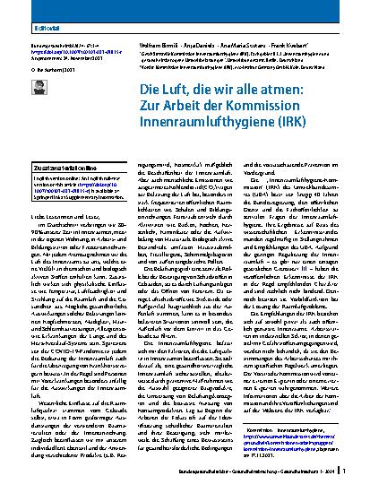 Vorschauseite 1: Die Luft, die wir alle atmen: Zur Arbeit der Kommission Innenraumlufthygiene (IRK)