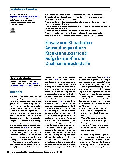 Vorschauseite 1: Einsatz von KI-basierten Anwendungen durch Krankenhauspersonal: Aufgabenprofile und Qualifizierungsbedarfe