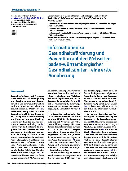 Vorschauseite 1: Informationen zu Gesundheitsförderung und Prävention auf den Webseiten baden-württembergischer Gesundheitsämter – eine erste Annäherung
