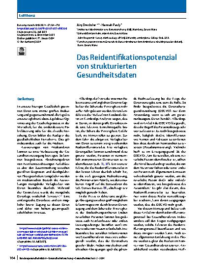 Vorschauseite 1: Das Reidentifikationspotenzial von strukturierten Gesundheitsdaten