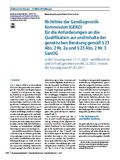 Vorschauseite 1: Richtlinie der Gendiagnostik-Kommission (GEKO) für die Anforderungen an die Qualifikation zur und Inhalte der genetischen Beratung gemäß § 23 Abs. 2 Nr. 2a und § 23 Abs. 2 Nr. 3 G…