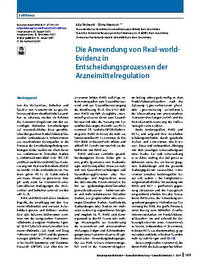 Vorschauseite 1: Die Anwendung von Real-world-Evidenz in Entscheidungsprozessen der Arzneimittelregulation