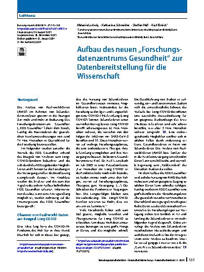 Vorschauseite 1: Aufbau des neuen „Forschungsdatenzentrums Gesundheit“ zur Datenbereitstellung für die Wissenschaft