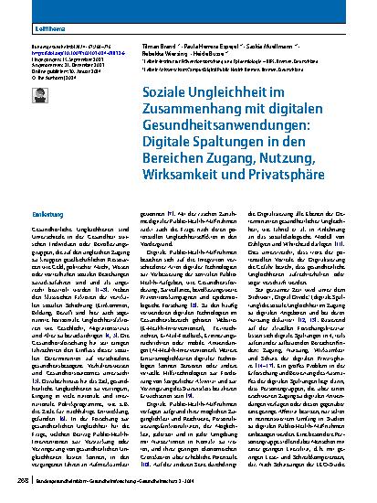 Vorschauseite 1: Soziale Ungleichheit im Zusammenhang mit digitalen Gesundheitsanwendungen: Digitale Spaltungen in den Bereichen Zugang, Nutzung, Wirksamkeit und Privatsphäre
