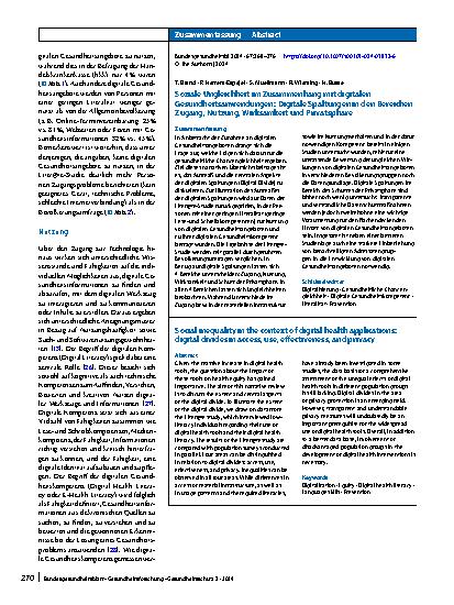 Vorschauseite 3: Soziale Ungleichheit im Zusammenhang mit digitalen Gesundheitsanwendungen: Digitale Spaltungen in den Bereichen Zugang, Nutzung, Wirksamkeit und Privatsphäre