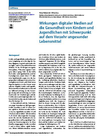 Vorschauseite 1: Wirkungen digitaler Medien auf die Gesundheit von Kindern und Jugendlichen mit Schwerpunkt auf dem Verzehr ungesunder Lebensmittel