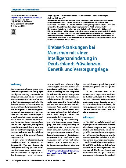 Vorschauseite 1: Krebserkrankungen bei Menschen mit einer Intelligenzminderung in Deutschland: Prävalenzen, Genetik und Versorgungslage