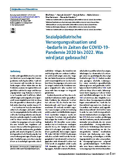 Vorschauseite 1: Sozialpädiatrische Versorgungssituation und -bedarfe in Zeiten der COVID-19-Pandemie 2020 bis 2022. Was wird jetzt gebraucht?
