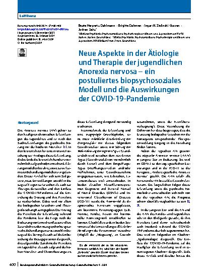 Vorschauseite 1: Neue Aspekte in der Ätiologie und Therapie der jugendlichen Anorexia nervosa – ein postuliertes biopsychosoziales Modell und die Auswirkungen der COVID-19-Pandemie