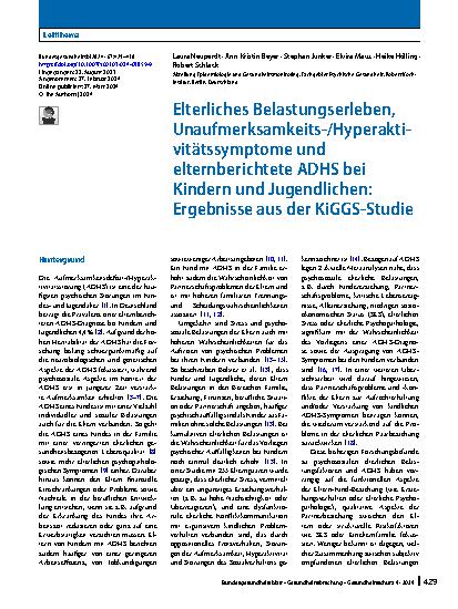 Vorschauseite 1: Elterliches Belastungserleben, Unaufmerksamkeits‑/Hyperaktivitätssymptome und elternberichtete ADHS bei Kindern und Jugendlichen: Ergebnisse aus der KiGGS-Studie