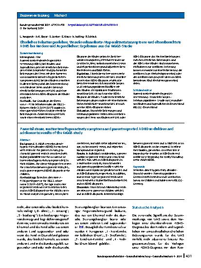 Vorschauseite 3: Elterliches Belastungserleben, Unaufmerksamkeits‑/Hyperaktivitätssymptome und elternberichtete ADHS bei Kindern und Jugendlichen: Ergebnisse aus der KiGGS-Studie