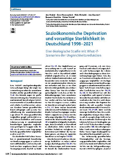 Vorschauseite 1: Sozioökonomische Deprivation und vorzeitige Sterblichkeit in Deutschland 1998 – 2021