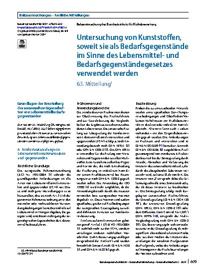 Vorschauseite 1: Untersuchung von Kunststoffen, soweit sie als Bedarfsgegenstände im Sinne des Lebensmittelund Bedarfsgegenständegesetzes verwendet werden