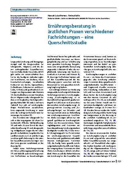 Vorschauseite 1: Ernährungsberatung in ärztlichen Praxen verschiedener Fachrichtungen – eine Querschnittsstudie