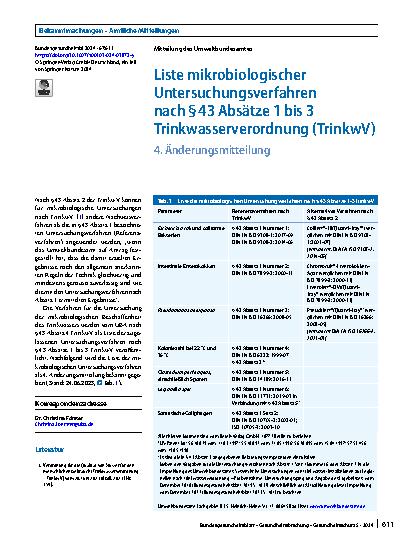 Vorschauseite 1: Liste mikrobiologischer Untersuchungsverfahren nach § 43 Absätze 1 bis 3 Trinkwasserverordnung (TrinkwV)