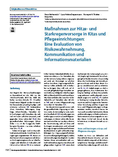 Vorschauseite 1: Maßnahmen zur Hitzeund Starkregenvorsorge in Kitas und Pflegeeinrichtungen: Eine Evaluation von Risikowahrnehmung, Kommunikation und Informationsmaterialien