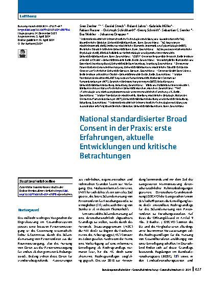Vorschauseite 1: National standardisierter Broad Consent in der Praxis: erste Erfahrungen, aktuelle Entwicklungen und kritische Betrachtungen