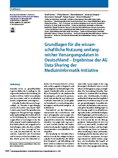 Vorschauseite 1: Grundlagen für die wissenschaftliche Nutzung umfangreicher Versorgungsdaten in Deutschland – Ergebnisse der AG Data Sharing der Medizininformatik-Initiative