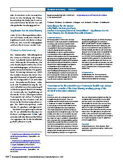 Vorschauseite 3: Grundlagen für die wissenschaftliche Nutzung umfangreicher Versorgungsdaten in Deutschland – Ergebnisse der AG Data Sharing der Medizininformatik-Initiative