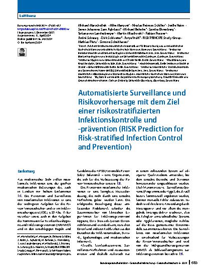 Vorschauseite 1: Automatisierte Surveillance und Risikovorhersage mit dem Ziel einer risikostratifizierten Infektionskontrolle und -prävention (RISK Prediction for Risk-stratified Infection Contro…