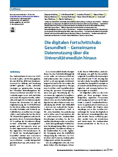 Vorschauseite 1: Die digitalen Fortschrittshubs Gesundheit – Gemeinsame Datennutzung über die Universitätsmedizin hinaus