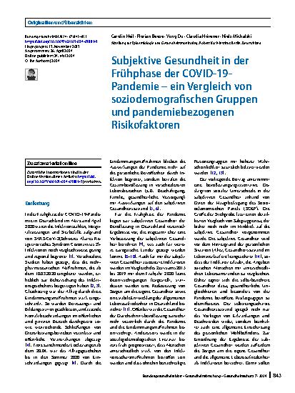 Vorschauseite 1: Subjektive Gesundheit in der Frühphase der COVID-19-Pandemie – ein Vergleich von soziodemografischen Gruppen und pandemiebezogenen Risikofaktoren