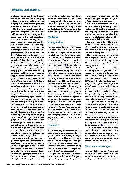 Vorschauseite 2: Subjektive Gesundheit in der Frühphase der COVID-19-Pandemie – ein Vergleich von soziodemografischen Gruppen und pandemiebezogenen Risikofaktoren