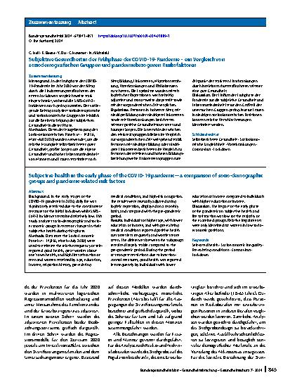 Vorschauseite 3: Subjektive Gesundheit in der Frühphase der COVID-19-Pandemie – ein Vergleich von soziodemografischen Gruppen und pandemiebezogenen Risikofaktoren