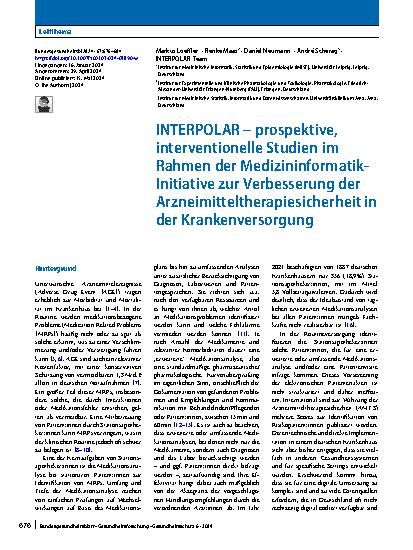 Vorschauseite 1: INTERPOLAR – prospektive, interventionelle Studien im Rahmen der Medizininformatik-Initiative zur Verbesserung der Arzneimitteltherapiesicherheit in der Krankenversorgung