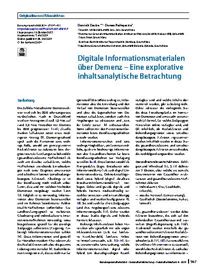 Vorschauseite 1: Digitale Informationsmaterialen über Demenz – Eine explorative inhaltsanalytische Betrachtung