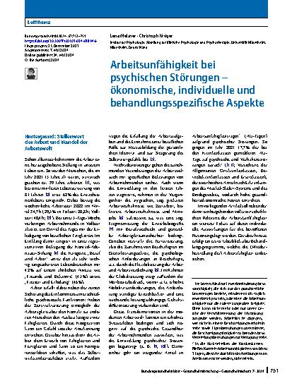 Vorschauseite 1: Arbeitsunfähigkeit bei psychischen Störungen – ökonomische, individuelle und behandlungsspezifische Aspekte