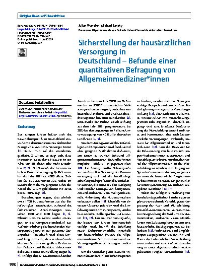 Vorschauseite 1: Sicherstellung der hausärztlichen Versorgung in Deutschland – Befunde einer quantitativen Befragung von Allgemeinmediziner*innen