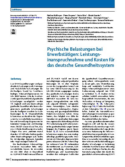 Vorschauseite 1: Psychische Belastungen bei Erwerbstätigen: Leistungsinanspruchnahme und Kosten für das deutsche Gesundheitssystem