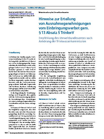 Vorschauseite 1: Hinweise zur Erteilung von Ausnahmegenehmigungen vom Einbringungsverbot gem. § 13 Absatz 5 TrinkwV