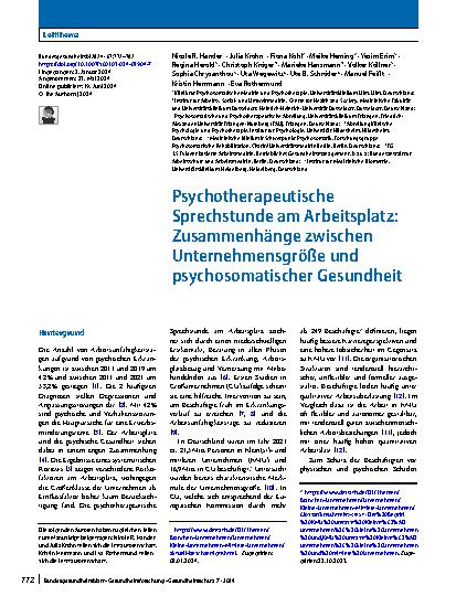 Vorschauseite 1: Psychotherapeutische Sprechstunde am Arbeitsplatz: Zusammenhänge zwischen Unternehmensgröße und psychosomatischer Gesundheit