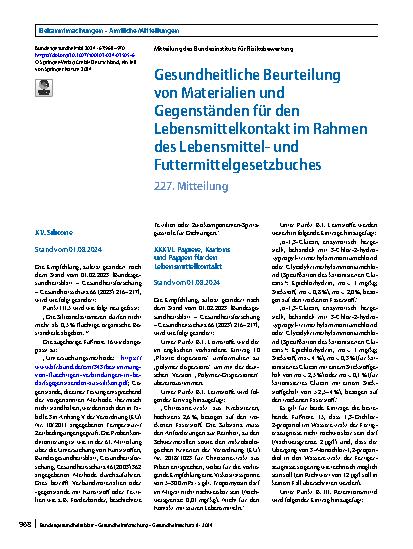 Vorschauseite 1: Gesundheitliche Beurteilung von Materialien und Gegenständen für den Lebensmittelkontakt im Rahmen des Lebensmittelund Futtermittelgesetzbuches