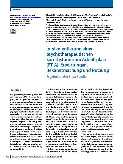 Vorschauseite 1: Implementierung einer psychotherapeutischen Sprechstunde am Arbeitsplatz (PT-A): Erwartungen, Bekanntmachung und Nutzung