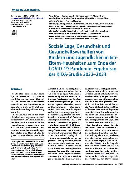 Vorschauseite 1: Soziale Lage, Gesundheit und Gesundheitsverhalten von Kindern und Jugendlichen in Ein-Eltern-Haushalten zum Ende der COVID-19-Pandemie. Ergebnisse der KIDA-Studie 2022–2023