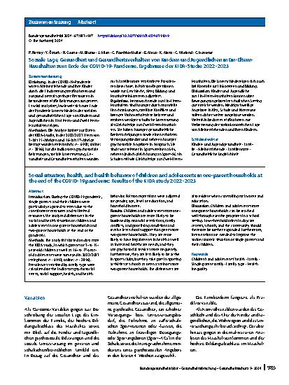 Vorschauseite 3: Soziale Lage, Gesundheit und Gesundheitsverhalten von Kindern und Jugendlichen in Ein-Eltern-Haushalten zum Ende der COVID-19-Pandemie. Ergebnisse der KIDA-Studie 2022–2023